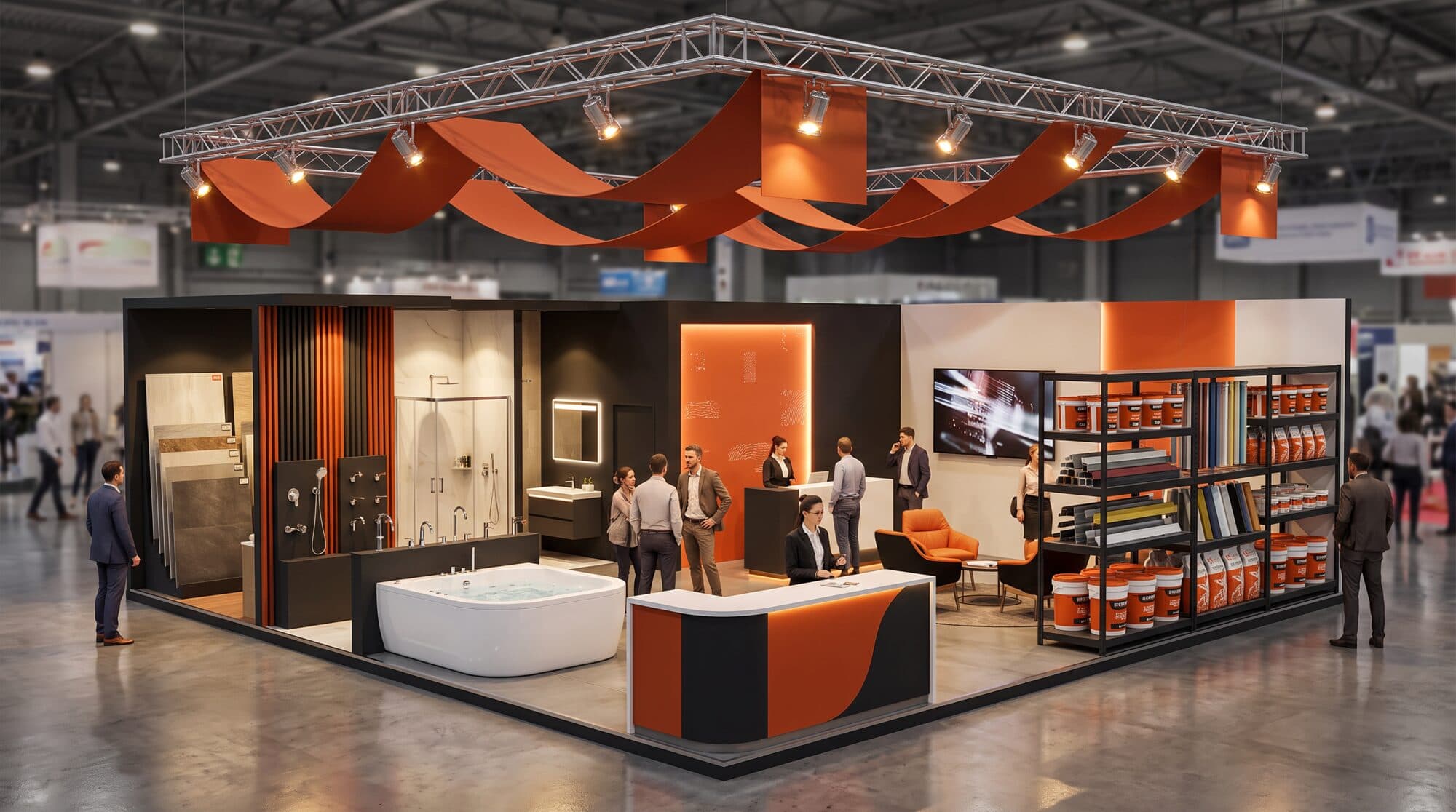 Render of the GF Carval stand design for FiuggiFiera 2026, with a bathroom area, reception desk and product shelves
